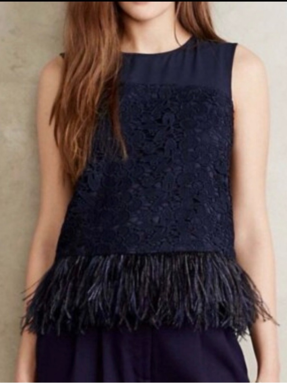 Greylyn Anthropologie Navy Lace Feather Hem Sleeveless Top XS NWT Coquette